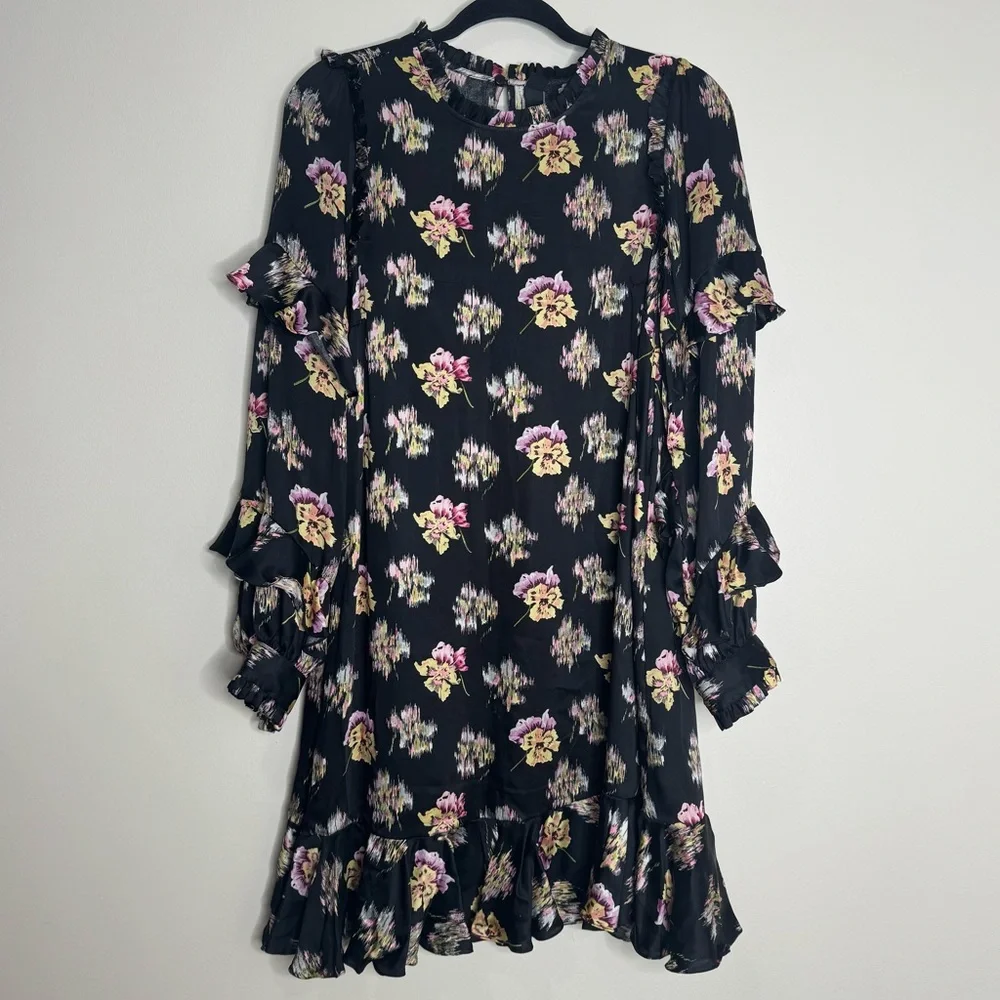 Needle & Thread Black Floral Ruffle Long Sleeve Mini Dress Size 10 Dark Romantic